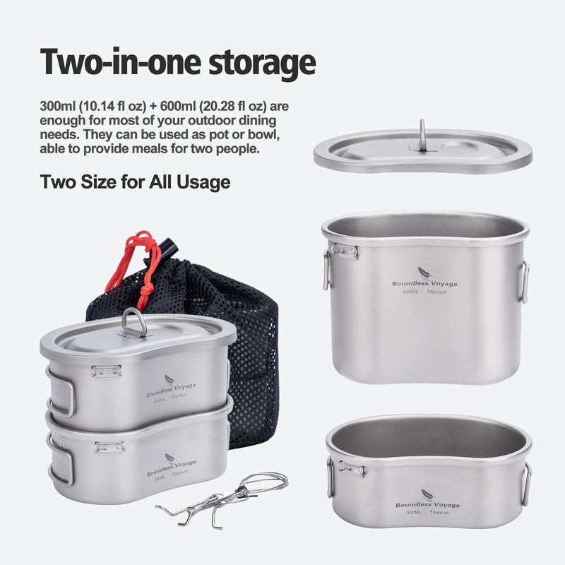 Boundless Voyage Titanium Canteen Mess Kit with Folding Handle Ultralight