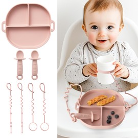 YIVEKO Baby Plates with Suction Silicone Baby Spoons Divided Baby Plates Silicone Baby Safety Toy Straps Baby Bottle Bungees Baby Feeding Set All-in-one Baby Plates-Blush