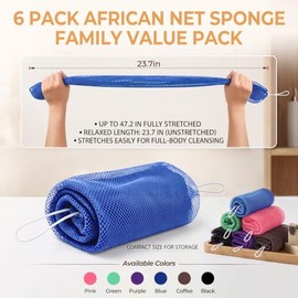 Paquete de 6 esponjas de red africanas auténticas, limpiador corporal multicolor | Red de baño africana de secado rápido, exfoliante suave para cuerpo