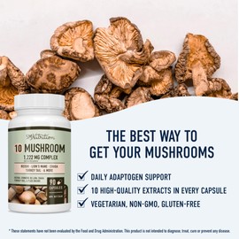 10 Mushroom Blend Supplement | Lions Mane, Turkey Tail, Cordyceps, Reishi, Shiitake, Maitake, Chaga Extract Mushroom Support Complex | Antioxidants & Immune Support | Vegetarian, Gluten-Free | 90 Ct.
