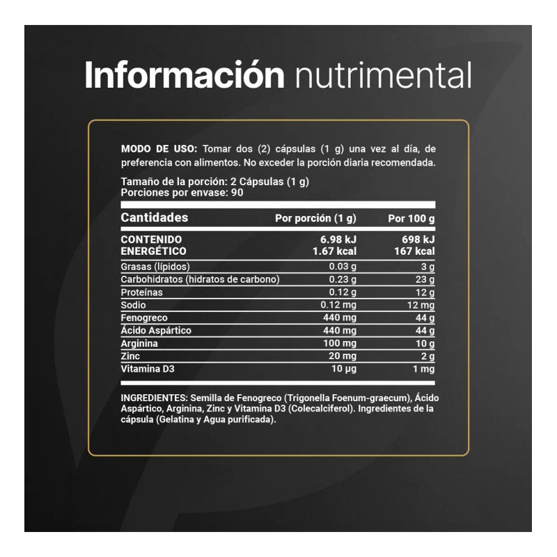 Testosterona Hombre 180 Cápsulas Fenogreco Life Sabor