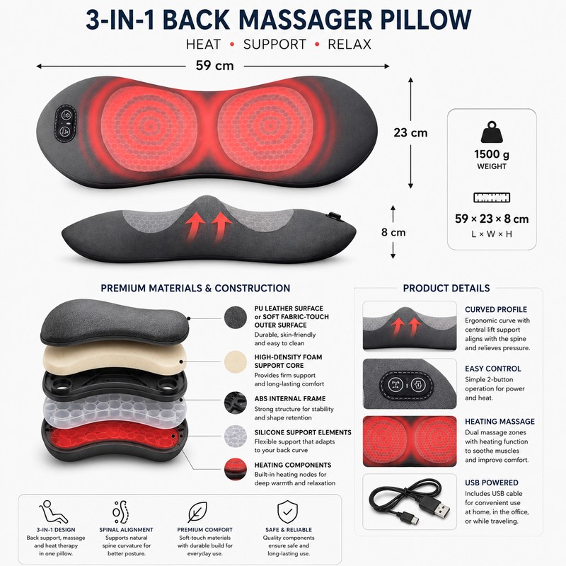 3-in-1 Lumbar Support Massager for Back Comfort – Heated Vibration