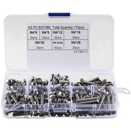 DollaTek 170Pcs M4 304 Stainless Steel Allen Hex Drive Button Head Socket Cap Bolts Screws Nuts Assortment Kit (M4)