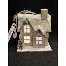 Holiday Time Light-Up LED Christmas Ornament Neutral Putz Style Paper House w/ Sisal Tree NEW