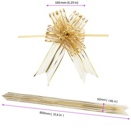 JEUIHAU 50 Pack Gold Pull Bow, 50mm Large Organza Bows, Gift Wrapping Bow Pull Bow Ribbon for Gift Wrapping Basket Birthday Wedding Decoration