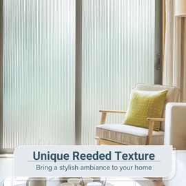 rabbitgoo Reeded Glass Window Film, Window Privacy Film Frosted Fluted, Decorative Window Vinyl Non Adhesive for Bathroom Living Room, Window Privacy Cling UV Blocking for Glass Door, 23.6"x 157.4"