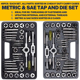 SAE and Metric Tap & Die Set 80 PCS, SAE: NC, NF, NPT/Metric:M3-M12 Master Threading Tool Kit for Creating and Repairing External and Internal Threads