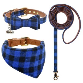 3PCS Bow Tie Dog Collar and Leash Set Plaid/Camo/Dots/Flower Dog Bandanas with Bell 3 Size Adjustable for Small Dogs Puppies and Cats (XS, Blue Plaid 1)