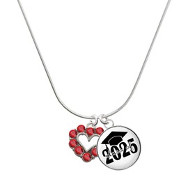 Delight Jewelry Silvertone Open Heart with Red Crystal Border Script Class of 2025 Dome Charm Necklace, 18"