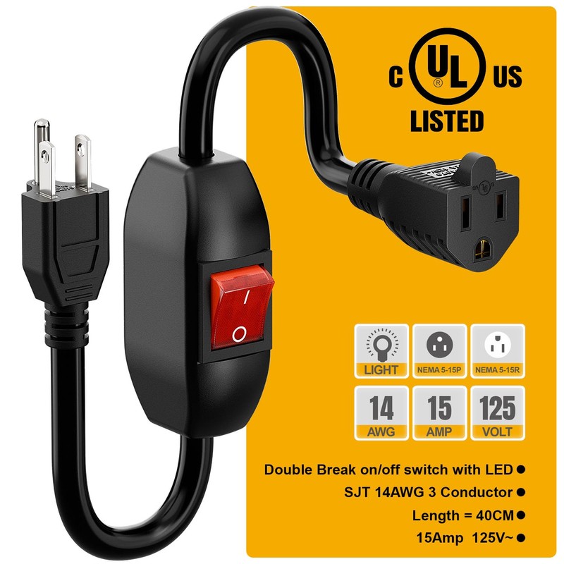 Inline On/Off Switch Extension Cord, Plugrand 3-Prong Household Switchable Power