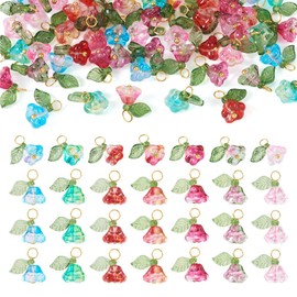 Boutigem 56Pcs Glass Trumpet Flower Charm Transparent Flower with Green Leaf Pendant Floral Dangle Earring Charms for DIY Bracelet Necklace Jewelry Making