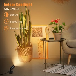 LED Spotlights Indoor, 5W Plants Uplighting with Remote Control Dimmable & Timer, 3000K/4000K/5000K Adjustable Floor Spot Lights for Pictures Artwork, Accent Stick on Wall Light with 5.9 FT Plug Cord