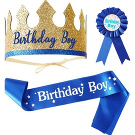 3Pcs Birthday Boy King Crown,Boys Sash and Button Pins Party Badge Set Birthday Banner for Boys Birthday Party, Birthday Boy sash blue