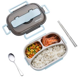 amropi Brotdose aus Edelstahl,Lunchbox mit 2/3/4/5 Fächern,mit Stäbchen und Löffel,Bento Box zum Wandern/Reisen/Schule/Büro (Blau, 3 Fach)