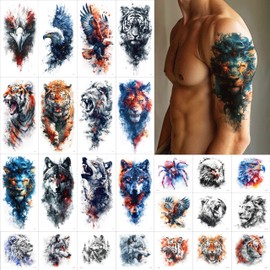 Everjoy 25 Sheets Tough Beast Temporary Tattoo Stickers, 12 Sheets Large Arm Watercolor Animals, Fake Tattoos, 13 Pieces Small Animal Tattoo Stickers for Men and Women