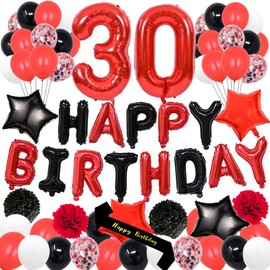 yujiaonly 30th Birthday Party Decorations-Happy Birthday Foil Ballons Banner Red Number 30 Happy Birthday Sash Latex Balloons Perfect for 30 Years Old Party Supplies Balloons Number 30 Red