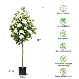 Artificial Camellia Tree, Artificial Plants Outdoor Faux Floral Plant in Cement Pot Fake Silk Camellia Tree Plants for Home House Living Room Office Decor (White, 5FT)