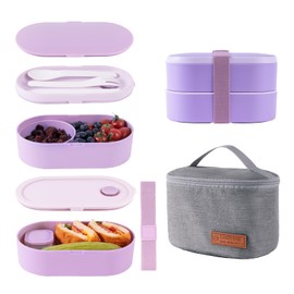 Lunchneoo Bento Lunch Box Set -2 Stackable Adult And Women's Lunch Boxes - Including Lunch Bag, Leak Proof And Bisphenol Free A - Built-In Cutlery Set - Dishwasher Safe (Purple)