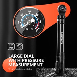 ROCKBROS Bike Pump Portable Bicycle Pump with Pressure Gauge Compatible with Universal Presta and Schrader Valve 120PSI Fast Tyre Inflation Pump for Road Mountain Bike Football