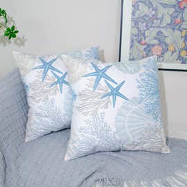 DILOXNSU Cushion Covers 50cm x 50cm Set of 2 Double-Sided Blue Ocean Coastal Beach Seashell Coral Starfish Velvet Modern Decorative Square Pillow Cover for Sofa Bed Livingroom 20x20 Inches
