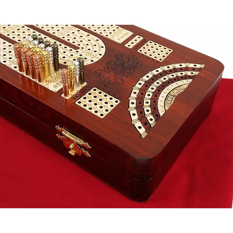 14" 4 Track Continuous Cribbage Board W/ Card Storage Maple