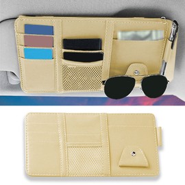 DWARFOO 1 Pack Car Sun Visor Organizer, Sunglasses Holder for Car Sun Visor, Auto Interior Accessories Pocket Organizers Can Store for Sunglasses, Documents, Cards, Pen, Drivers License (Beige)