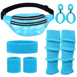 NebulaGlam NebulaGlam 80er Jahre Outfit Damen Bauchtasche Neon 90er 80er Jahre Outfit Damen Set mit Bauchtasche Damen, Stirnband, Beinwärmer, Ohrringe, Handschuhe für Kostüm Party Fasching Karneval (Blau)