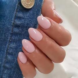 Uñas postizas cortas ovaladas de color rosa pálido, 32 piezas, 16 tamaños, uñas postizas de gel suave, forma almendrada, ajuste natural, acabado brill