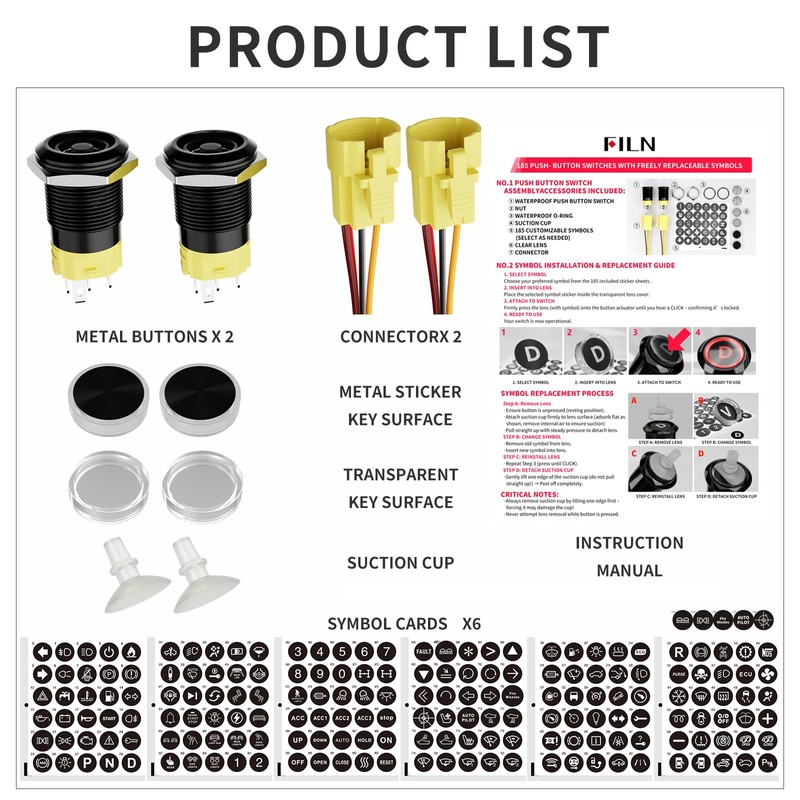 FILN 2PCS 19mm Latching Push Button Switch (ON/Off), Black Plated