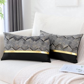 Artscope Set of 2 Cushion Cover for Sofa / Car / Bedroom Luxurious Modern Minimalist Golden Leather Stitching, Wavy Stripe Decorative Cushion Pillow Case 30 x 50 cm (Black)