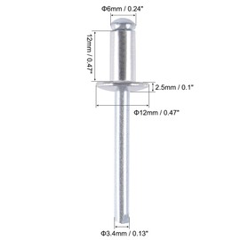 TA-VIGOR 25Pcs 6mm x 12mm Aluminium Blind Rivets, Open End Pop Rivets with Dome Head, Heavy Duty Pull Rivet for Metal Wood Plastic, Indoor Outdoor Fixings