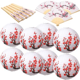 Yulejo 8 Pcs Chinese Japanese Cherry Blossom Paper Lanterns and 8 Pcs Cherry Flowers Folding Hand Fan Japanese Sakura Paper Lamp for Restaurant Church Wedding Party DIY Decoration (12 Inch)