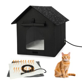 Large Heated Outdoor Cat House Double Door Heater Cats Shelter,Weatherproof Foldable Heat Kitty House with Insulated Kitten Heating Pad Bed for Feral Barn Cat Kitten Puppy Outside Pets in Winter