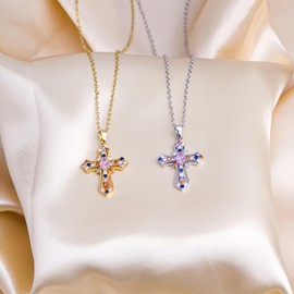 Joddfly 2-PCS Multi-Color Stainless Steel Cross Pendant Necklace with Zircon Crystals, 25mm x 20mm, Gold and Silver Chain
