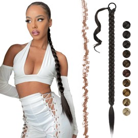 FESHFEN Braid Extensions Ponytail Extension with Scrunchie, 65 cm Long Ponytail Braided Synthetic Hair Extension Braid Hairpiece for Women, Black Brown