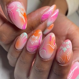 MouyouGlow Press on Nails Short, Almond Pink Orange Airbrushing Flowers Floral Striped Fake Nails with Nail Glue, Pink Smudged Wavy Sweet Flowers Summer INS Artificial Fingernails
