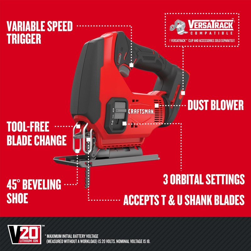 CRAFTSMAN V20 Cordless Jig Saw, 3 Orbital Settings, Up to