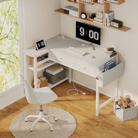 DLisiting White L Shaped Desk with Drawers & Storage Shelves, 40 Inch Small Corner Desk with Power Outlet for Small Space Home Office, Study Work PC Desks for Bedroom