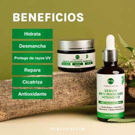Pack Despigmentante PUREZANATUR® | Serum Antimanchas + Crema Aclarante | Ácido Kójico, Arbutina, Vitamina C, Ácido Hialurónico y Rosa Mosqueta | Hidratación, Antiedad y Rejuvenecimiento Facial | Todo Tipo de Piel | 50ml + 50g