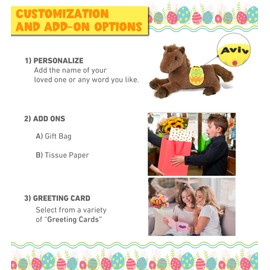 DolliBu Fancy Laying Brown Horse with Yellow Easter Egg Plush and Name Personalization - Cute Stuffed Animals for Easter Basket, Easter Egg Stuffed Animal Spring Toys for Girls, Boy, Baby - 10 Inches