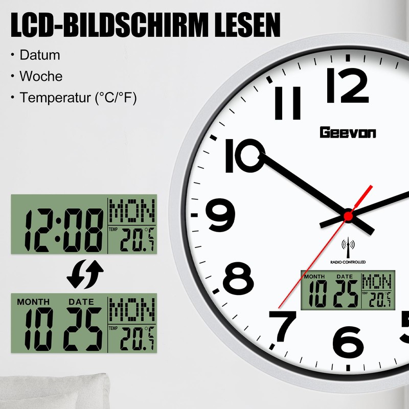 Geevon DCF Wall Clock without Ticking Noise, 12 Inch Radio-Controlled