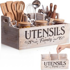 Thenshop Extra Large Kitchen Utensil Holder with 6 Compartments, Removable Divider Rustic White Wooden Utensil Organizer with Handle for Kitchen Countertop Farmhouse Decor Cooking Spatula Storage