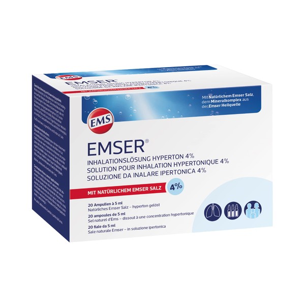 EMSER Hyperton 4% Inhalation Solution with Natural Emser Salt for Inhaling with Nebuliser Devices e.g. for Bronchitis, 20 ready-to-use ampoules of 5 ml