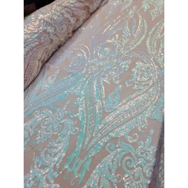 Divastyletextiles Fabric Sold By The Yard Iridescent White Sequin Bridal Lace Stretch Mesh Dress