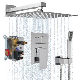 Rain Shower Faucet Set 10 Inch Shower Head High Pressure Shower System with Handheld Spray Rough-in Valve and Trim Kit for Bathroom,Chrome Polished