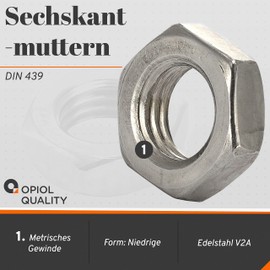 OPIOL QUALITY® Hex Nuts Low Shape DIN 439 M8 Made of Stainless Steel A2 V2A (Pack of 50) Flat Nuts Nut Half Nuts Lock Nuts