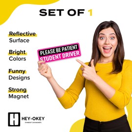 HEY-OKEY Student Driver Magnet for Car - Pink Please Be Patient Reflective Magnetic Bumper Sticker - Removable Novice Rookie Safety Attention Sign - Weather-Resistant - 10 x 3.5 inches - Black/Pink