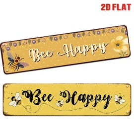 Vintage Bee Happy Long Metal Signs Set Retro Floral Bee Wall Decor for Home KitchenColor: C865(2PCS), Size: 10*40cm