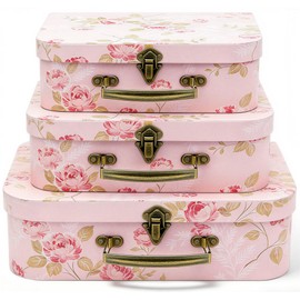 Cheardia 3 Pack Paperboard Suitcases Storage Box, Decorative Storage Boxes Gift Boxe With Lid, Stackable Cardboard Trunk for Photo Keepsake Home Decoration Wedding Anniversary Birthday Pink 3 Size