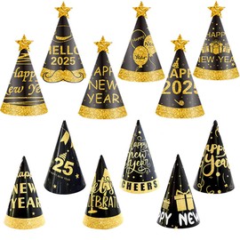 SOPSTUO 12Pcs Happy New Years Eve Party Hats Black and Gold New Party Hats New Years Hats for New Years Eve Decorations 2025 New Year Party Accessories